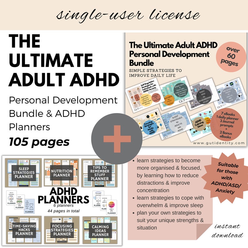 Single user license suitable for adults and teens with ADHD. The Ultimate Adult ADHD Personal Development Bundle.  Over 105 pages of ADHD printable resources for adults with ADHD and anxiety.  ADHD ebooks and ADHD planners.