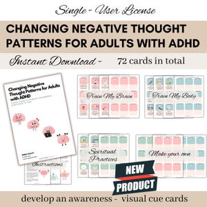Könnte beinhalten: Ein Satz von 72 druckbaren visuellen Hinweis-Karten, die Erwachsene mit ADHS dabei unterstützen sollen, negative Gedankenmuster zu bewältigen. Die Karten haben verschiedene Themen, darunter "Trainiere mein Gehirn", "Trainiere meinen Körper", "Spirituelle Praktiken" und "Erstelle deine eigenen".