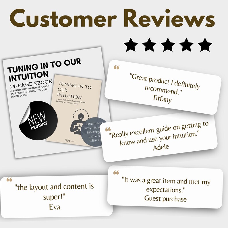 Check out the 5 star reviews for the tuning in to our intuition 14 page ebook.