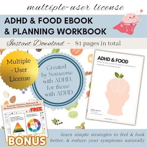 May include: A blue and gold graphic with the text "ADHD & FOOD EBOOK & PLANNING WORKBOOK" and "Instant Download - 81 pages in total". The graphic also includes a bonus guide titled "Essential Vitamins, Nutrients & Minerals for Immune System Support".