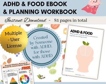 May include: A blue and gold graphic with the text "ADHD & FOOD EBOOK & PLANNING WORKBOOK" and "Instant Download - 81 pages in total". The graphic also includes a bonus guide titled "Essential Vitamins, Nutrients & Minerals for Immune System Support".