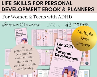 May include: A pink and white digital planner for personal development with the title "Life Skills for Personal Development for Women & Teens with ADHD". The planner is designed to help with sleep, money, organizing, and other life skills. The planner is 43 pages long and is available for instant download.