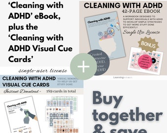 May include: A digital product bundle for people with ADHD, featuring a 42-page ebook titled "Cleaning with ADHD" and a set of 189 visual cue cards. The ebook is designed to help develop simple strategies to get more stuff done efficiently. The visual cue cards are designed to help get things done. The bundle is available for instant download and includes a single-user license.