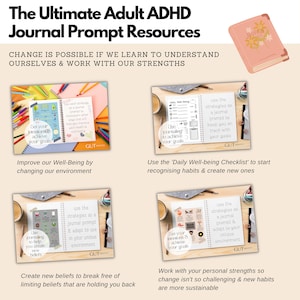 The Ultimate Adult ADHD Personal Development Bundle includes 4 bonus journal prompts based on improving and enhancing the well-being of teens and adults with ADHD.  Single user license.