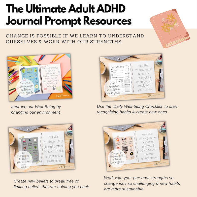 The Ultimate Adult ADHD Personal Development Bundle includes 4 bonus journal prompts based on improving and enhancing the well-being of teens and adults with ADHD.  Single user license.