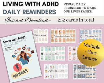 ADHD Visual Reminder Cards -Living with ADHD-Multiple-Use License- 252 cards, Printable Resources for Adults & Teens with ADHD, Adhd Visuals