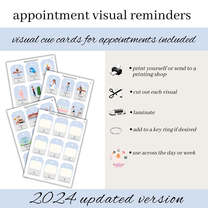 Includes a set of visual reminders for appointments for teens and adults with ADHD.  2024 updated version