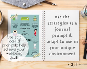 May include: A notebook with a blue and green page on the left and a white page on the right. The left page has a list of tips for improving health and well-being, including getting sunlight, meditating, eating healthy fats, exercising, and taking time out for yourself. The right page has the text "Use the strategies as a journal prompt & adapt to use in your unique environment." The notebook is on a wooden surface with a cup of coffee, a pencil, and a jar of colored pencils.
