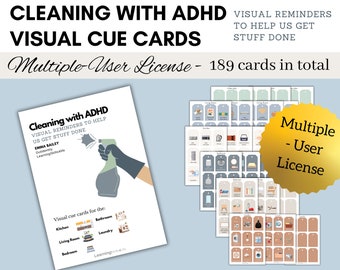 ADHD Visual Cue Cards - Cleaning with ADHD -Multiple-User License- 189 cards –Printable Resources for Adults & Teens with ADHD, Adhd Visuals