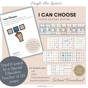 May include: A printable token reward system for behavior management in home and school settings. The image shows a colorful chart with the words "I Can Choose" and "Token Reward System". The chart includes a variety of images and icons, such as stars, hearts, and smiley faces. The chart is designed to help children learn to make choices and earn rewards for good behavior.