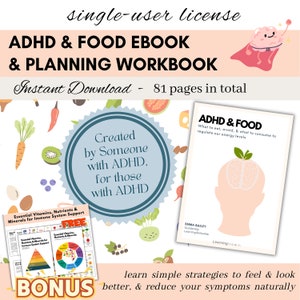 ADHD and Food -Single-Use License- 81-page eBook + Adhd Workbook–ADHD Printable eBook for Children, & Teens Adults with ADHD, Adhd Resources