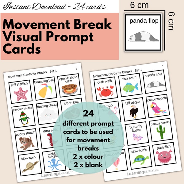 Movement Cards for Breaks -ADHD Children- ADHD Brain Break -Home -School -Teaching - Body Awareness and Self-Regulation for ADHD Kids