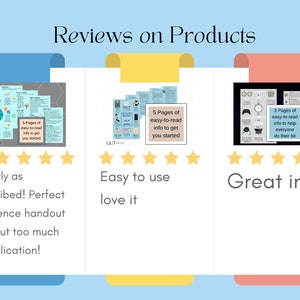 May include: Image showcasing product reviews with star ratings. The reviews highlight ease of use and informative content. Text includes "Reviews on Products," "Exactly as described!" and "Great info."