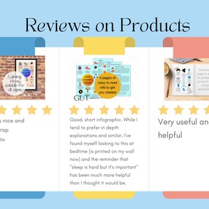 May include: A light blue graphic with the text "Reviews on Products" at the top. The graphic displays three product reviews with star ratings and customer comments. One review mentions "Calming ideas suitable for all ages."