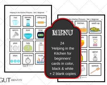 Puede incluir: Un conjunto de 24 tarjetas ilustradas a color y en blanco y negro para enseñar vocabulario de cocina. Las tarjetas presentan imágenes de objetos de cocina comunes como una taza, una licuadora, un rodillo, cucharas, un tazón, un temporizador, un plato, ayuda, una lista, pasos, más tiempo, música, una cocina, lavar, tazones, un delantal, manos, un batidor y una espátula. El conjunto también incluye dos tarjetas en blanco.