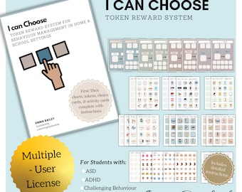 May include: A printable token reward system for children with autism, ADHD, challenging behaviour, or oppositional behaviour. The system includes first/then charts, tokens, choice cards, and activity cards. The system is available for instant download.