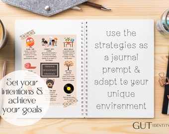 Puede incluir: Un cuaderno con espiral abierto en una página con un gráfico colorido de estrategias de desarrollo personal. La página de la derecha tiene el texto "use the strategies as a journal prompt & adapt to your unique environment". El texto "Set your intentions & achieve your goals" está escrito en un círculo en la página izquierda.