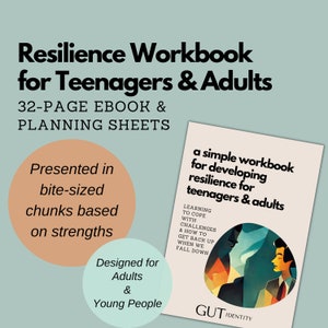Peut inclure: Une couverture de classeur numérique de couleur pêche avec le titre "Resilience Workbook for Teenagers & Adults". La couverture comprend également le texte "32-PAGE EBOOK & PLANNING SHEETS", "Presented in bite-sized chunks based on strengths", "Designed for Adults & Young People", et "a simple workbook for developing resilience for teenagers & adults". La couverture présente une illustration de deux personnes avec un feu en arrière-plan.