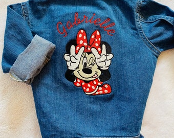 Personalised embroidered  baby / girl / denim / jacket / coat / Minnie Mouse / Organic / approved vegan