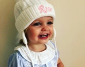 Baby toddler boy girl personalised embroidered knitted Pom Pom hat with straps in white pink blue