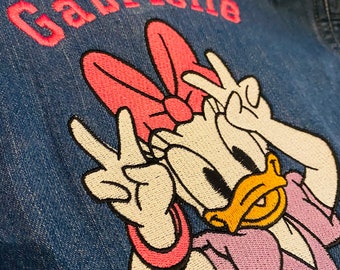 Personalised embroidered Daisy Duck / Minnie Mouse / denim / jean jacket baby girls / toddler / girls / organic / cotton / approved vegan
