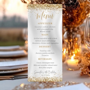 Bearbeitbare Weißgold-Menükartenvorlage, schickes weißes Satin- und Goldglitter-Design, Geburtstagsessen, Abschlussfeier, Brautdusche, All White Party