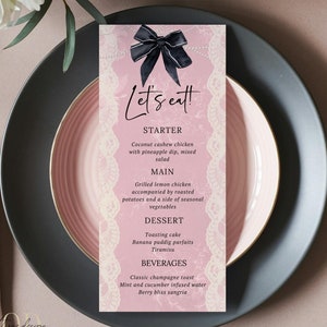 Wydrukuj Elegancką Różowo-Czarną Kokardkę Menu Karty z Perłami Koronkowymi, Elegancki Wzór Coquette, Karta Menu Kolacji Urodzinowej, Różowo-Czarny Motyw Dekoracji Imprezy