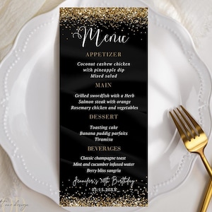 Modello di menu modificabile, elegante design in raso nero e glitter oro, cena di compleanno di lusso, pensionamento, laurea, addio al nubilato