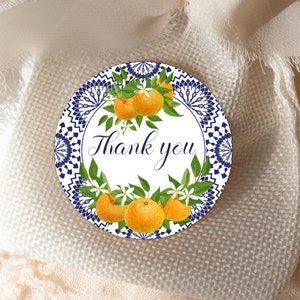 Afdrukbaar bedankkaartje, bedankje Italiaanse sinaasappelen, INSTANT DOWNLOAD, Positano blauwe tegel, bedanksticker, mediterrane label