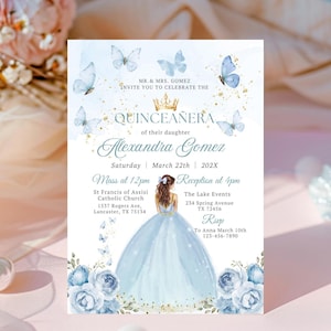 Modello di invito per la festa di Quinceanera Dusty Blue modificabile, invito a tema XV Dusty Blue Floral Princess & Butterfly, perfetto per il tuo giorno speciale