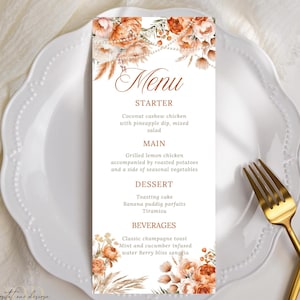 Boho Coral Floral Menükarte, elegante Geburtstags-Menükarte, Coral Blumen und Perlen Design, Tischdekoration Printable & Instant Download