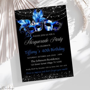Royal Blue Masquerade Birthday Party Invitation, Elegant Blue and Silver Theme Invite for Any Age, Perfect for Masquerade Balls & Events
