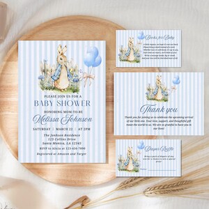 Adorabile Peter Rabbit Baby Shower Bundle, Set di inviti per bambini blu, Confezione di inviti per bambini carini, Baby Shower Peter Rabbit blu, Invito per bambini modificabile