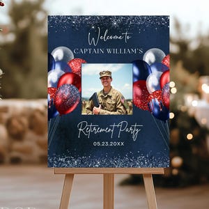 Retirement Photo Welcome Sign, Red and Navy Theme Design, Patriotic Navy & Air Force, Custom Photo Sign for Army or Marine Corps Retirement