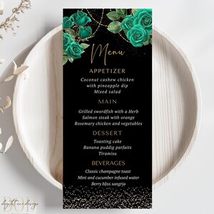 Eleganckie szmaragdowo-złote menu kwiatowe, edytowalna kolacja urodzinowa lub specjalne wydarzenia, natychmiastowe pobranie, efektowna szmaragdowa dekoracja stołu