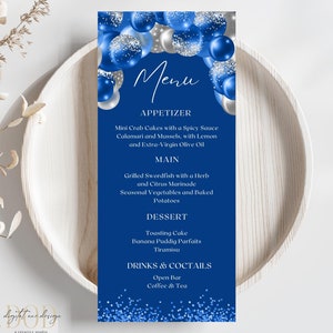 Edytowalny Royal Blue Menu Card Template, Royal Blue & Silver Glitter Balloons Design, karta menu urodzinowego, menu na ukończenie szkoły, menu emerytalne