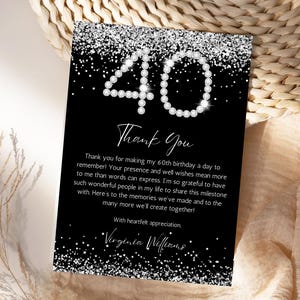 Cartão de agradecimento elegante e luxuoso para 40º aniversário, design de diamantes prateados, nota de agradecimento editável em preto e prata, comemoração de 40º aniversário
