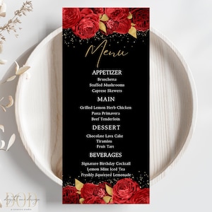 Plantilla de menú editable en rojo y dorado, menú floral en rojo y dorado, menú de cena de cumpleaños con decoración de mesa, evento de cóctel en rojo y negro