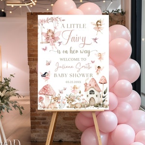 Fairy Baby Shower Willkommensschild-Vorlage, Verzauberte Gartengestaltung für eine zauberhafte Waldfee-Party, perfekt für eine skurrile Teeparty