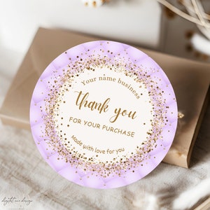 Étiquettes de marque violettes et dorées, autocollants modifiables d'emballage de petite entreprise, autocollants de remerciement élégants, paillettes d'or violet