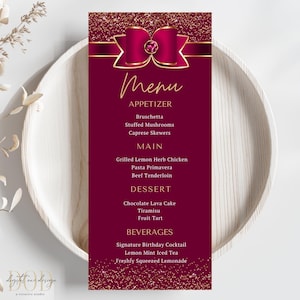 Elegancki bordowy szablon karty menu, edytowalna wstążka i brokat, kolacja urodzinowa, wieczór panieński i specjalne okazje, natychmiastowe pobranie