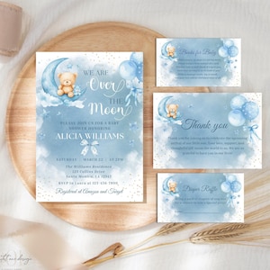 Bearbeitbar Wir sind über dem Mond Babypartyeinladung, Teddybär-Wolken-Sterne-Mond-Babyparty, himmlische Babypartyvorlagen