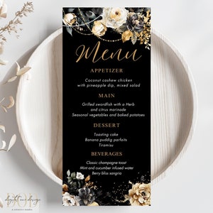 Edytowalna Karta Menu Kwiatowego, Czarno-złoty Wzór Kwiatowy, Karta Menu Kolacji Urodzinowej, Menu Kolacji Koktajlowej Na Imprezę, Dekoracja Stołu Natychmiastowe Pobieranie