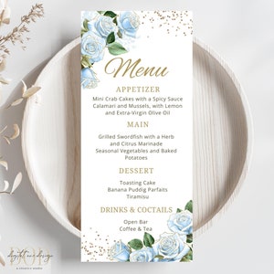 Elegante Baby-Blau-Gold Blumen-Menükarte für besondere Anlässe, Menükarte für Geburtstag, Baby Shower oder Quinceañara, Brunch oder Abendmenü