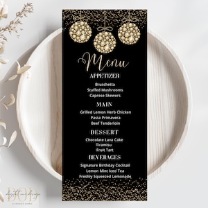 Modello di menu modificabile con diamanti in oro, ornamenti con diamanti in oro, cena di compleanno per feste a tema nero e oro, menu per decorazioni da tavola per eventi speciali