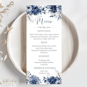 Bearbeitbare Marine-Blumen-Menükartenvorlage mit Perlen, Elegantes Geburtstags-Abendmenü, Blau-Marine-Blumen mit Perlendekor-Tischmenükarte