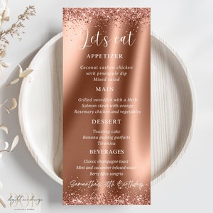Plantilla de menú editable en oro rosa, elegante diseño de satén y brillo en oro rosa, decoración de mesa para menú de cumpleaños, brunch, despedida de soltera y graduación
