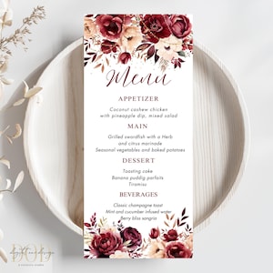 Bearbeitbare Blumenmenükarte, Burgunder- und Blush-Blumen, Geburtstagsmenükarte, Burgunder-Partymenü, Hochzeitsmenü, Brautparty-Brunch