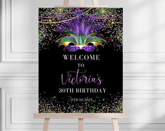 Marni Gras Welcome Sign, Editable Welcome Sign Marni Gras Theme, Printable Welcome Birthday Sign for Party Decoration, Masquerade Party Sign