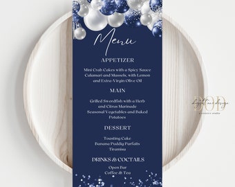 Editable Menu Card Template, Navy and Silver Balloons with Confetti, Customizable Printable for Graduation & Birthday Dinners, Festive Party